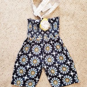 4t Romper Navy and Yellow Medallion print